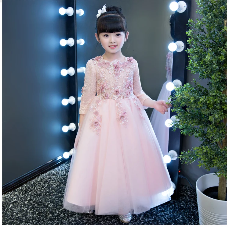 Г., платья с длинными рукавами и цветочным узором для девочек на свадьбу, Розовое Кружевное нарядное платье для девочек на день рождения платье принцессы, детское осеннее платье