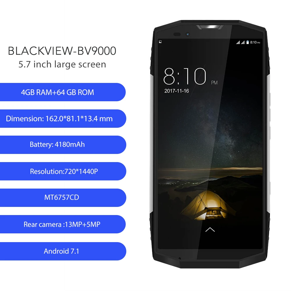 Blackview BV9000 5 7 &quot18:9 смартфон IP68 Водонепроницаемый Android 1 P25 Octa core 4 ГБ 64 4180 мАч 13MP