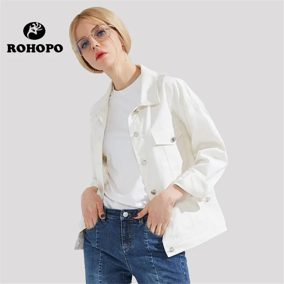 

ROHOPO white women Cotton denim jacket 2019, single breast Korea slim street denim outwear,printed letter girl denim jackets