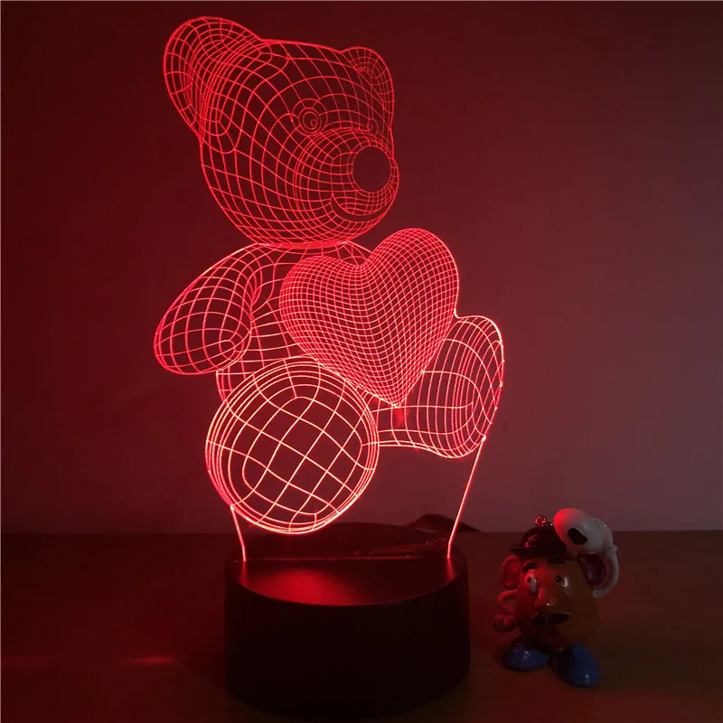 Милый плюшевый мишка Love Heart 3D светодиодный светильник ночник фигурка 7 цветов