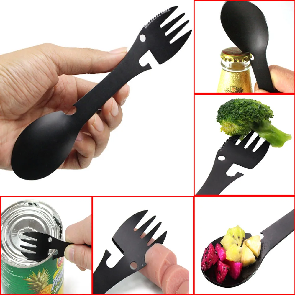 

5-in-1 multi-function cutlery EDC outdoor portable stainless steel camping tableware bottle opener camping survival kit travel