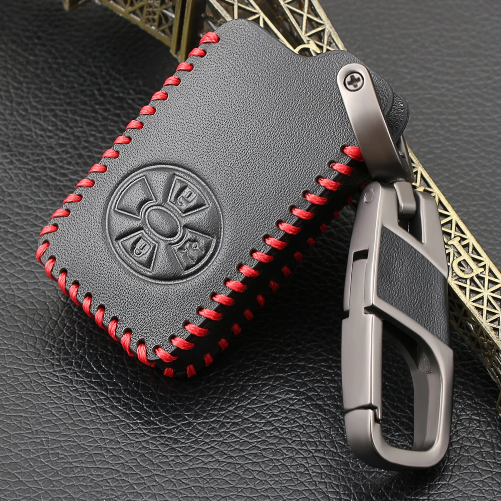 

Genuine Leather Key Case Keychain 3 Button Smart Remote Key Shell Fob For Toyota RAV4 Vitz Ractis Car Key Cover