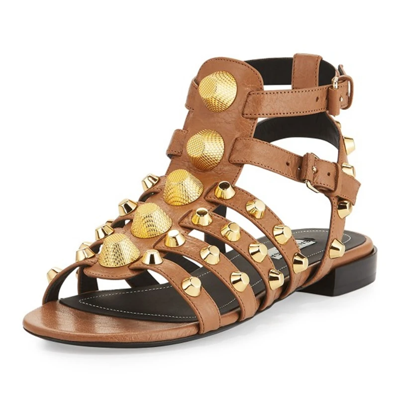 RIBETRINI/Роскошные брендовые Подиумные женские сандалии-гладиаторы; Летняя женская обувь из натуральной кожи; большие размеры 34-43 - Цвет: yellow brown