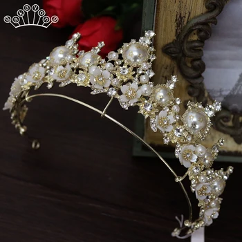 

Baroque Tiaras and Crowns Wedding Hair Accessories Gold Color Pearl Pageant Princess Tiara Bride Hair Jewelry