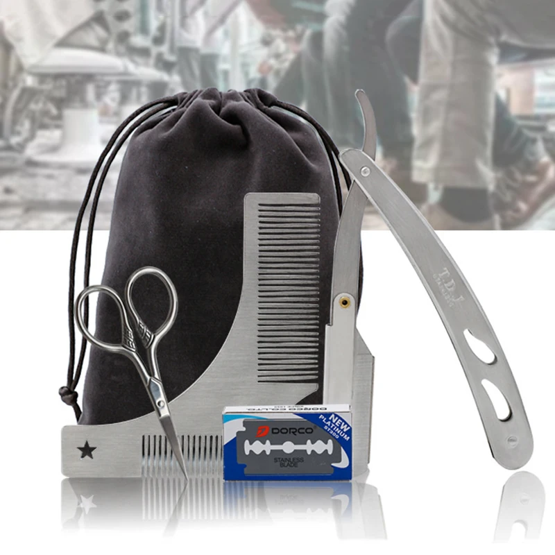 Beard Comb Razor Scissor Razor Blades Beard Styling Set For Men Hair Care Stainless Steel Ideal for Men