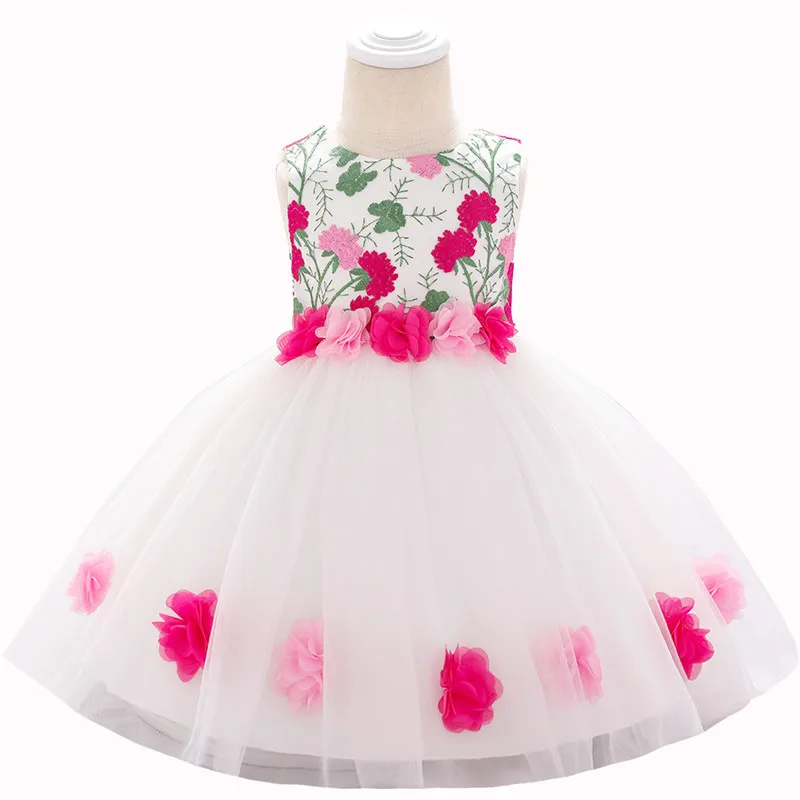 Платья для новорожденных девочек; трехмерные цветы; кружево с вышивкой; платье-пачка с цветочным рисунком для дня рождения; платье принцессы для крещения; L1878XZ - Цвет: rose pink