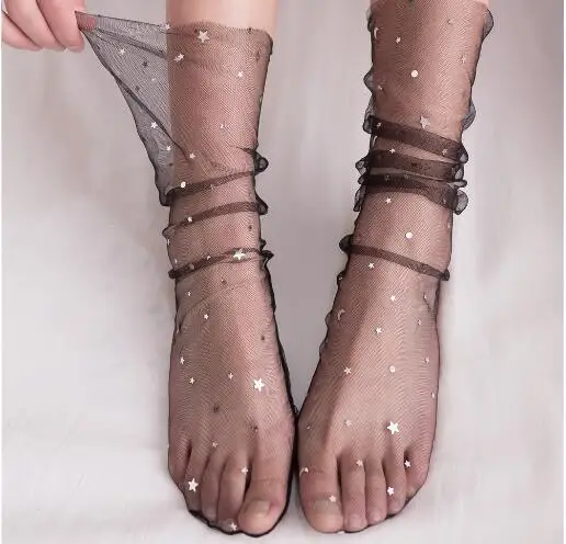 Прозрачные газовые носки тонкие носки Феи со звездами детские носки на каблуке - Цвет: black Silk