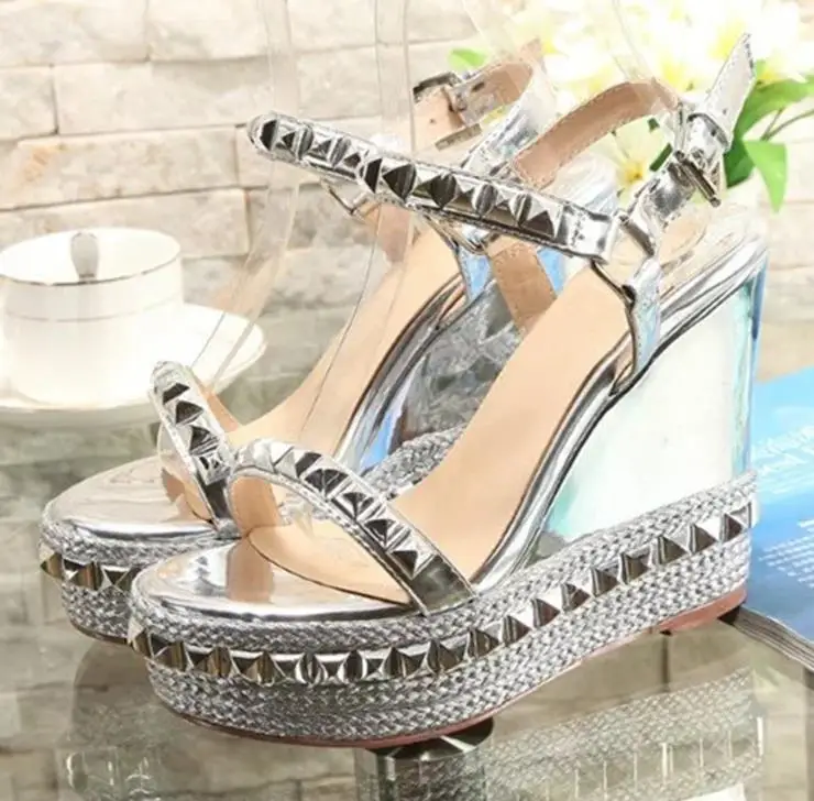 

2019 Newest Fashion Designer High Heel Wedge Sandals Women Rivet Platform Shoes Sexy Brand Summer Sandals 22 Color