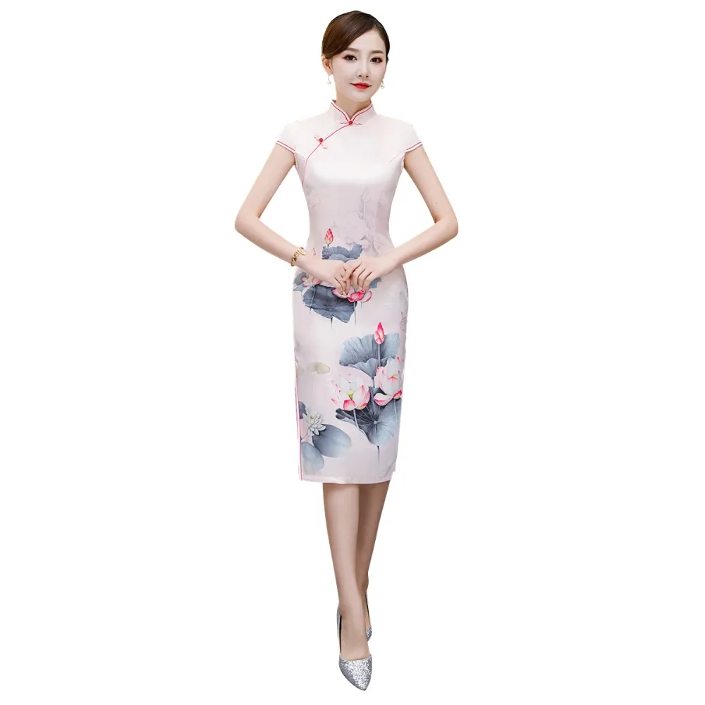 Шанхай история искусственный шелк короткий рукав цветочный Qipao с подкладкой