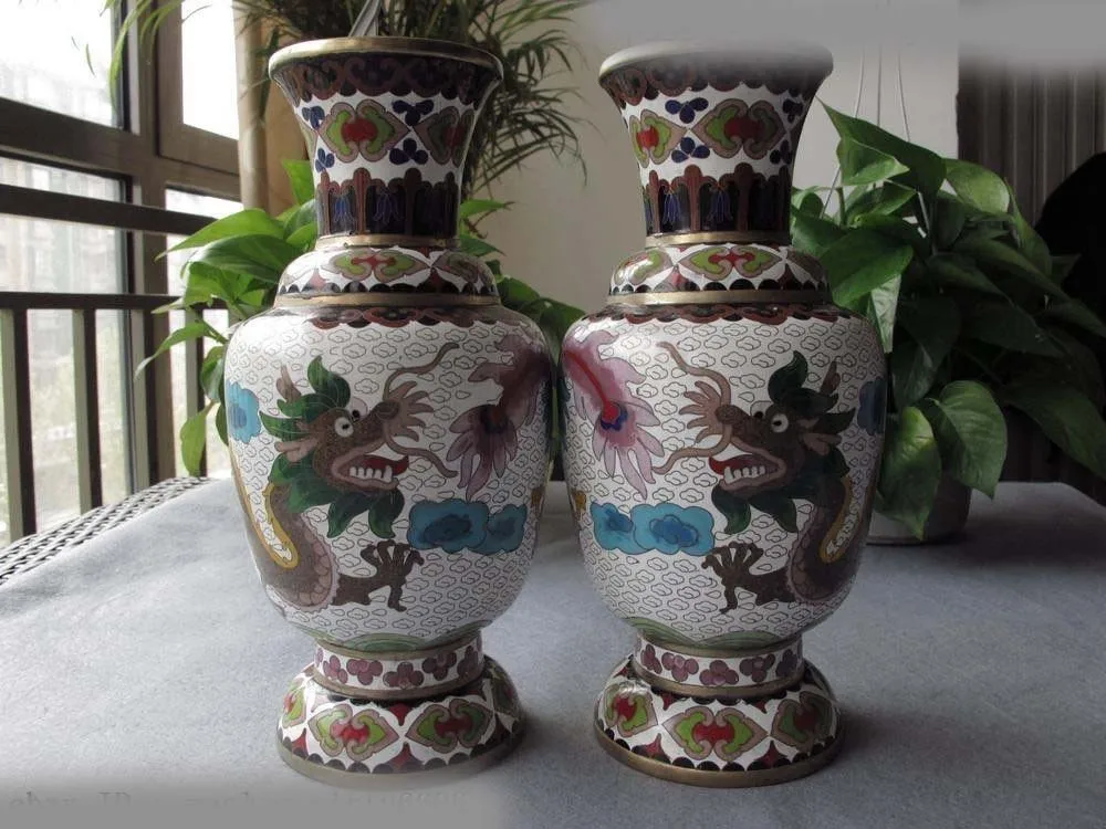 

10 Chinese Regius Copper cloisonne Enamel Dragon phenix auspicious Vase Pair