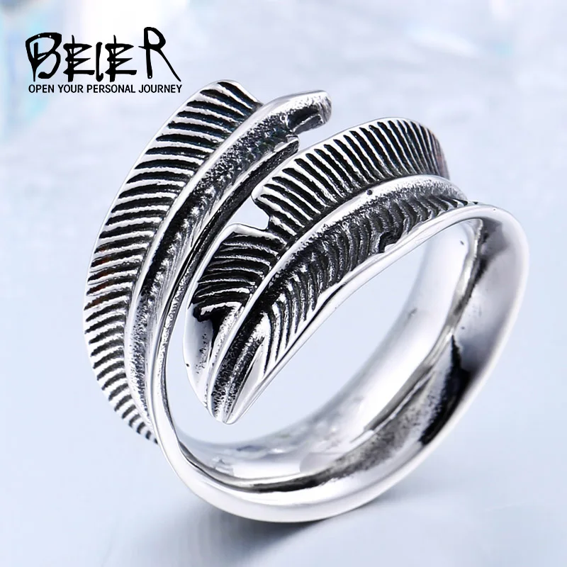 

BEIER 2018 New Arrival Adjustable Feather Ring Stainless Steel VIntage Jewelry For Man Woman Fashion product BR8-276 US Size