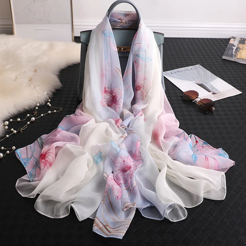 

2019 new summer scarf women fashion Gradation floral silk scarves shawls and wraps lady pashmina foulard hijabs winter scarfs