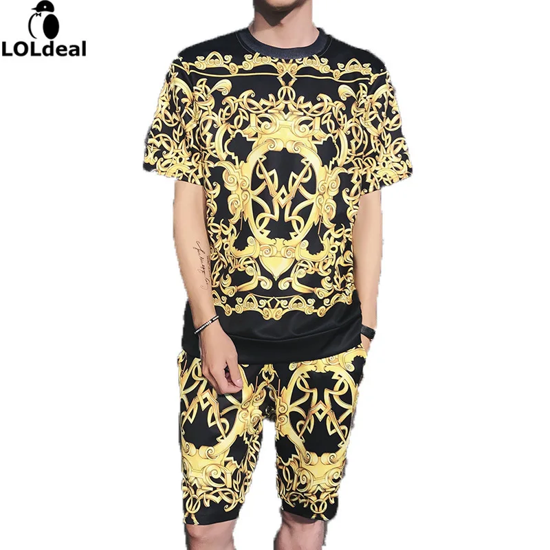 Mens Short Sleeve Baroque Print T-Shirt Shorts Sets Mens Short Sleeve Baroque Print T-Shirt Shorts Sets
