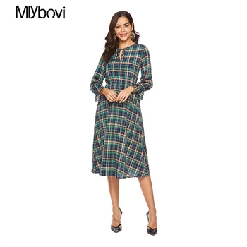 

Women Office Pleated Dress Green print plaid dress Spring elegant Chiffon Long sleeve loose casual O neck Female Bow vestidos