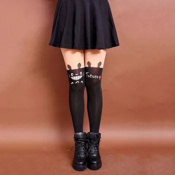 

New Fashion Women Nylon Cute Cat Totoro Knee High Tights Blcak Sexy Tattoo Stockings Girls Sexy Pantyhose Over Knee Stockings