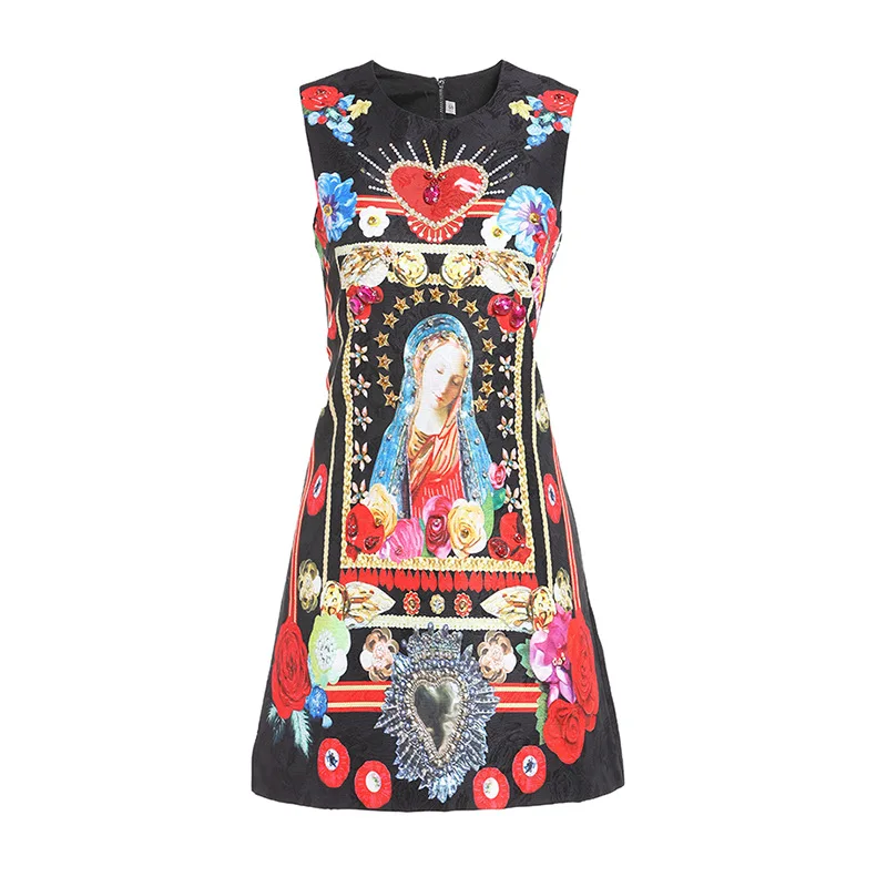 

New 2019 summer diamonds jacquard dress Fashion women's sleeveless A line dress A186