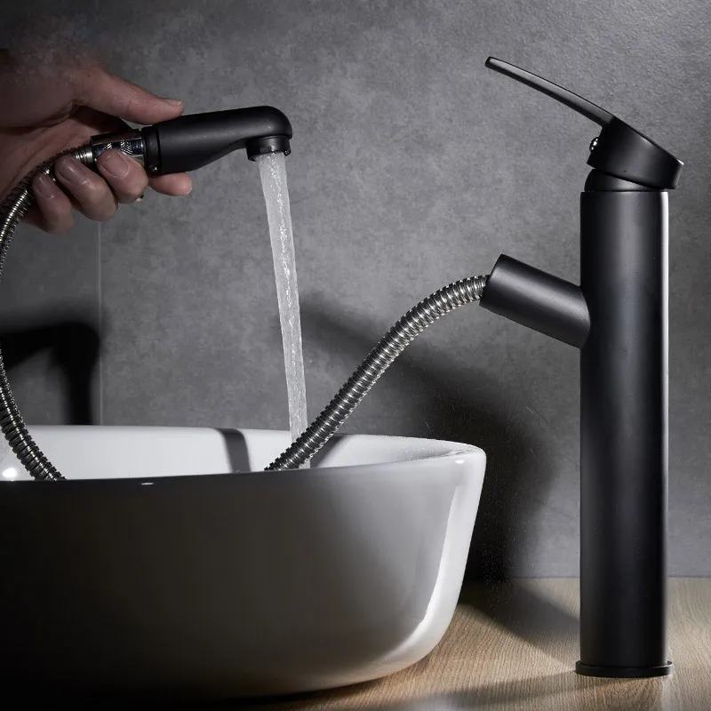 

Black matte pulling type basin faucet copper body wash basin pool can wash basin faucet