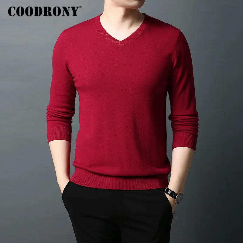 Бренд COODRONY, мужской свитер из чистой мериносовой шерсти, мужские свитера, Осень-зима, толстый теплый кашемировый пуловер, Мужской пуловер с v-образным вырезом, мужские свитера 93014 - Цвет: Красный