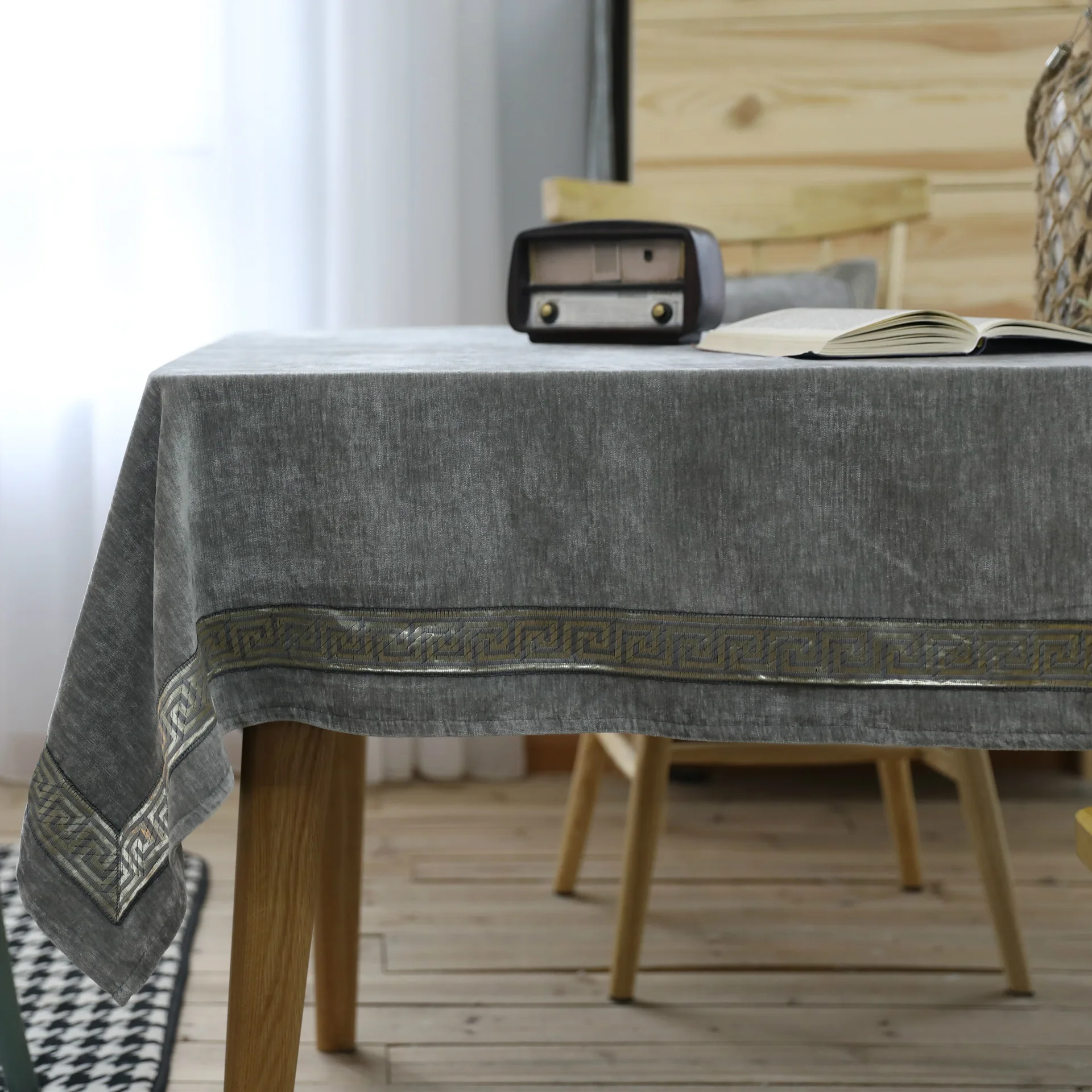 Gray Flannel Embroidered Table Cloth Cotton Pure Classical Chinese