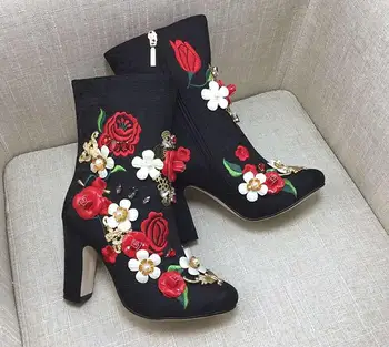 

2018 Autumn Super Hot Multicolor Appliques Ladies Chunky Heel Boots Embroidery Flowers Women Pointy Toe Ankle Boots Size 41