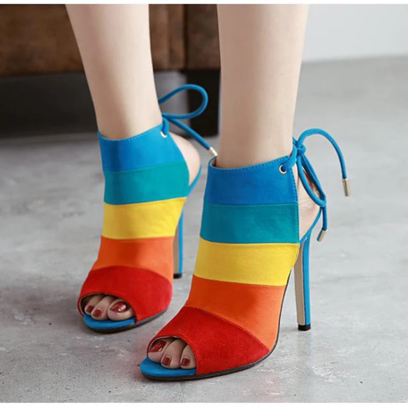 

Matte Suede Fish Mouth Shoe High Heels Back Foot Ring Straps Rainbow Color Matching Stiletto Sandal 2018 Fashion Hit Color Shoes