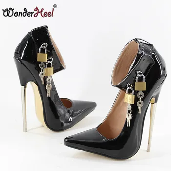 

Wonderheel Extreme high heel 16cm/18cm metal heel patent Sexy fetish two padlocks ankle strap pointed toe sexy women pumps