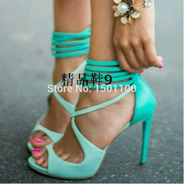 2015 Hot mint green high heels lace up sandals for women evening party