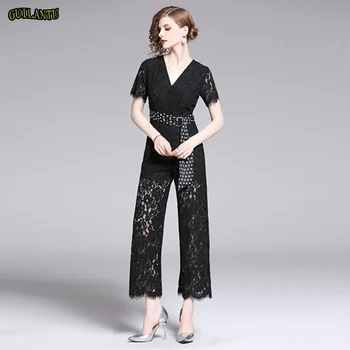 

Fashion Sexy V Neck Lace Sash Tie Up Jumpsuit Women Wide Leg Bandage Long Playsuit Summer Casual Plus Size Party Slim Romper