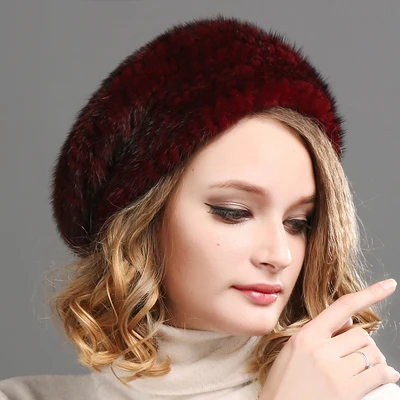 Меховой берет, женская зимняя шапка из натурального меха норки, женская теплая зимняя шапка, коричневый, черный берет для женщин - Цвет: Burgundy
