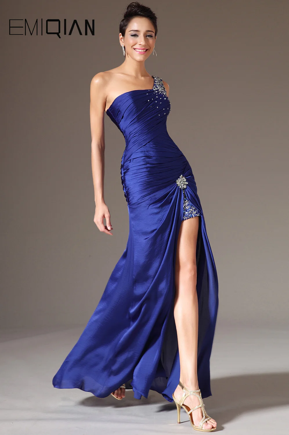 New Blue Single Strap High Slit Beads Satin Evening Gown Dress-in ...