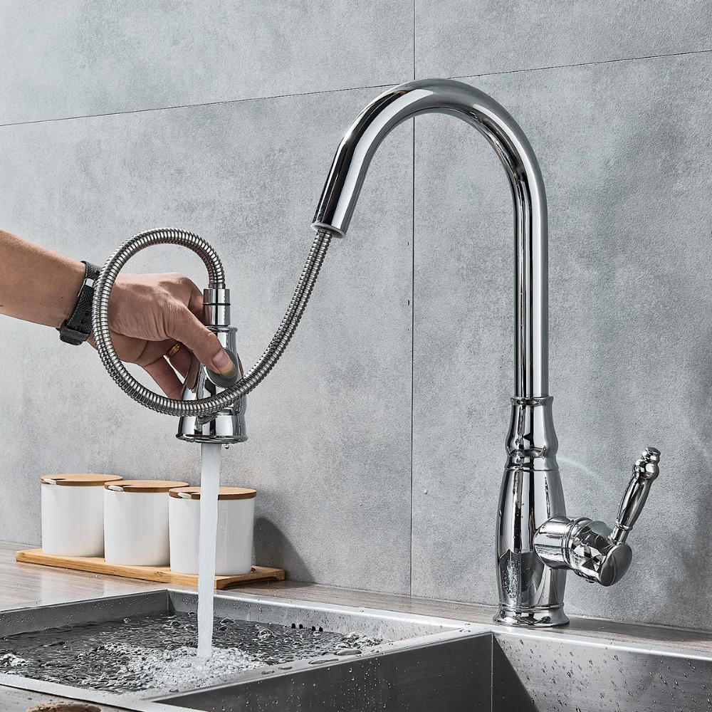 Polished Chrome Brass Kitchen Faucet Pull Out Dual Functions Spout