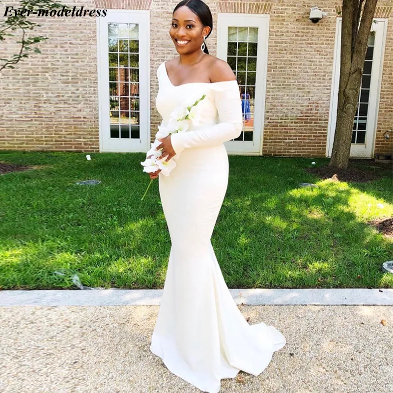 

White Mermaid African Bridesmaid Dresses Long Sleeves 2019 Off The Shoulder Convertible Maid Of Honor Wedding Party Gowns