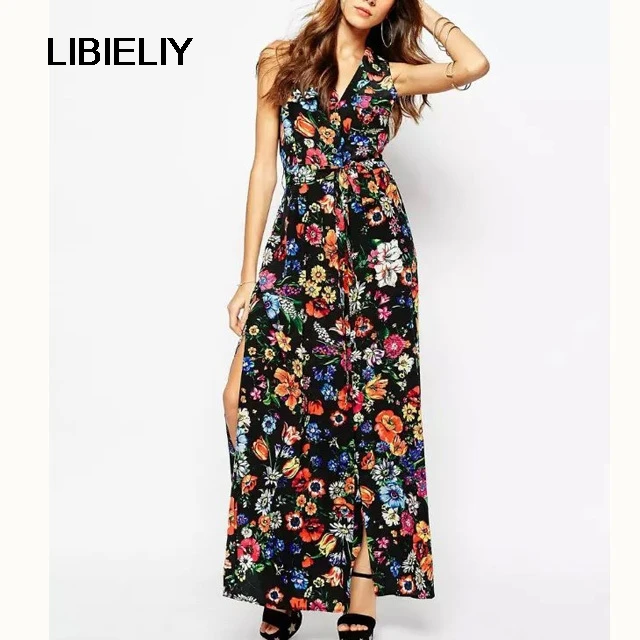 

Nice European Style Chiffon Long Dress Summer Sleeveless Women Dress Floral Printed Maxi Dress Sexy V-Neck Chiffon Dress AH8822