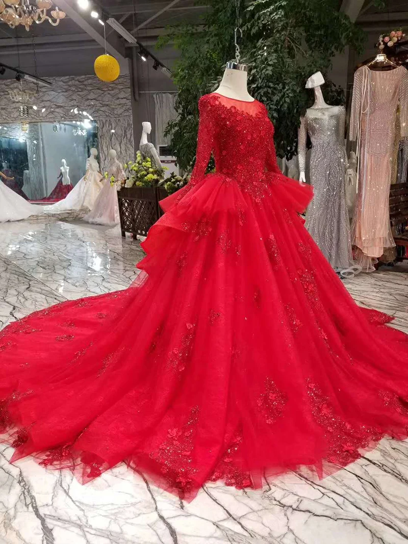 LSS137 халат de soiree мусульманское вечернее платье с баской О-образным вырезом с длинными рукавами Красные Свадебные платья невесты со шлейфом настоящая цена