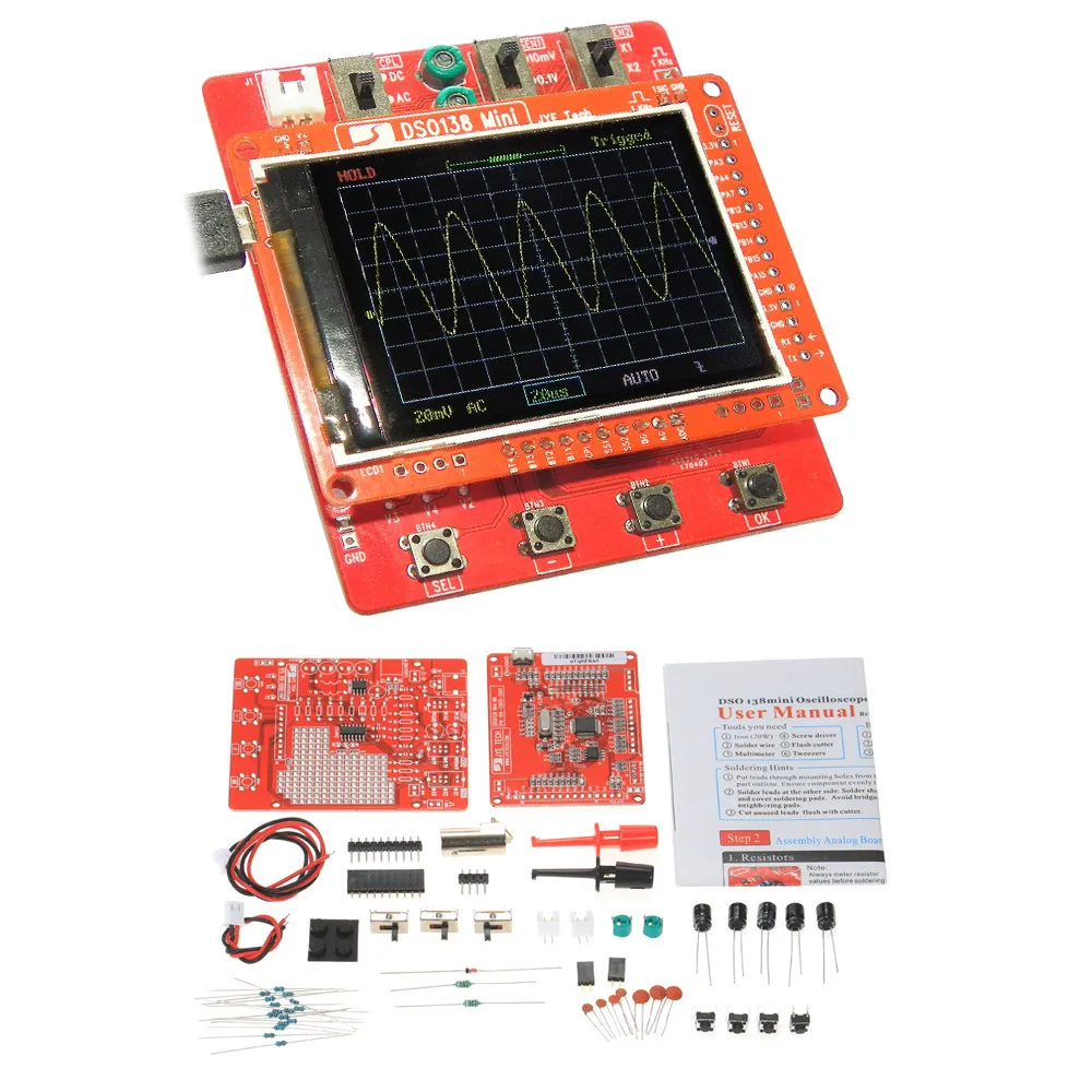 

JYE Tech DSO138 Mini Digital Oscilloscope DIY Kit SMD Parts Pre-soldered Electronic Learning Set 1MSa/s 0-200KHz