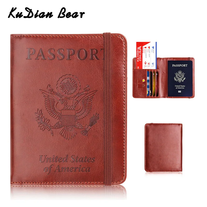 

KUDIAN BEAR PU Leather Passport Cover Travel Wallet for Document Cover Case Anti-theft Rifid Card Holder Porte Carte BIH079 PM49