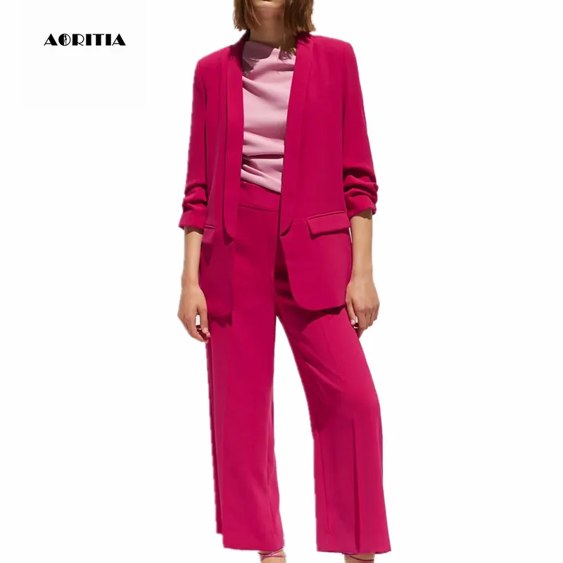 

2019 Women Rose Red Blazer Two Piece Set Women Coat Set Long-sleeve Tops Trousers Sets Ensemble Femme