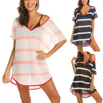 

Women Summer Vacation Beach Dress Cover Up Striped Loose Swimwear One-piece Bikini Cover Up Bathing suit Swimming Dress