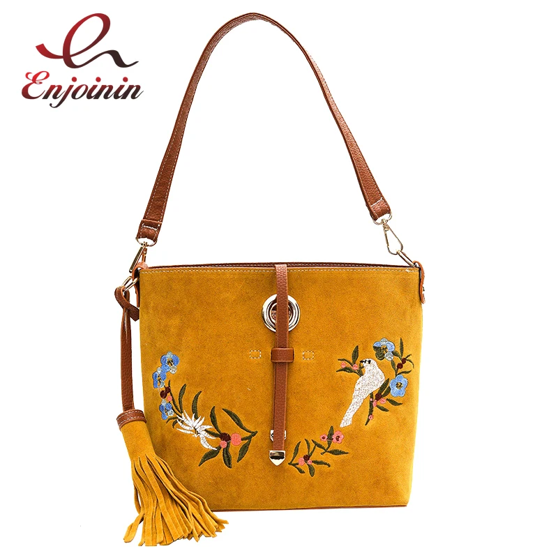 

Good quality faux suede embroidery flower pattern bucket bag ladies shoulder bag handbag composite bag femal messenger bag