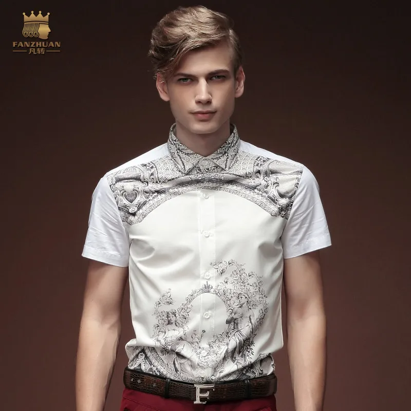 

FANZHUAN Brands Clothing Designer Tide European and American Court Style Fashion Short Sleeve Print White Men's Shirt