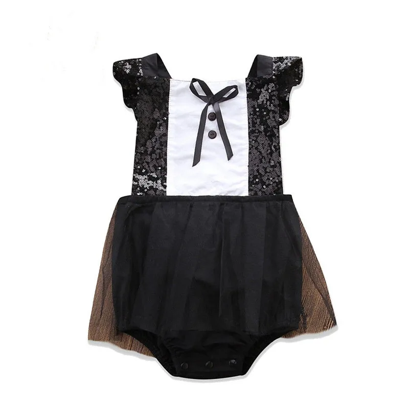 Newborn Kids Baby Girl Bodysuits Black Lace Summer Patchwork Sequins