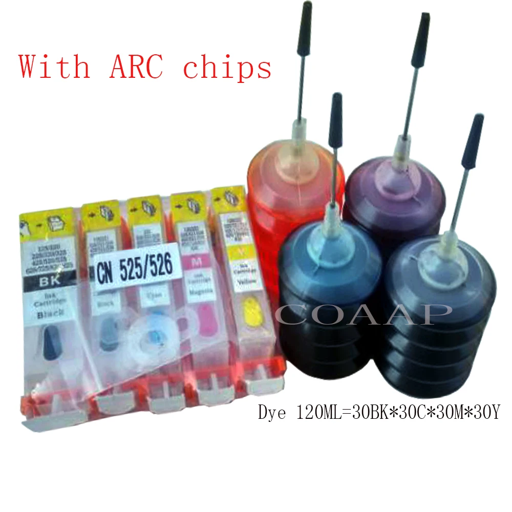 

5pcs Refillable canon cli-526 pgi-525 Empty ink cartridge kit + 120ML Dye inks ARC chips for Pixma MG5120 MG8220 MG8250 Printer