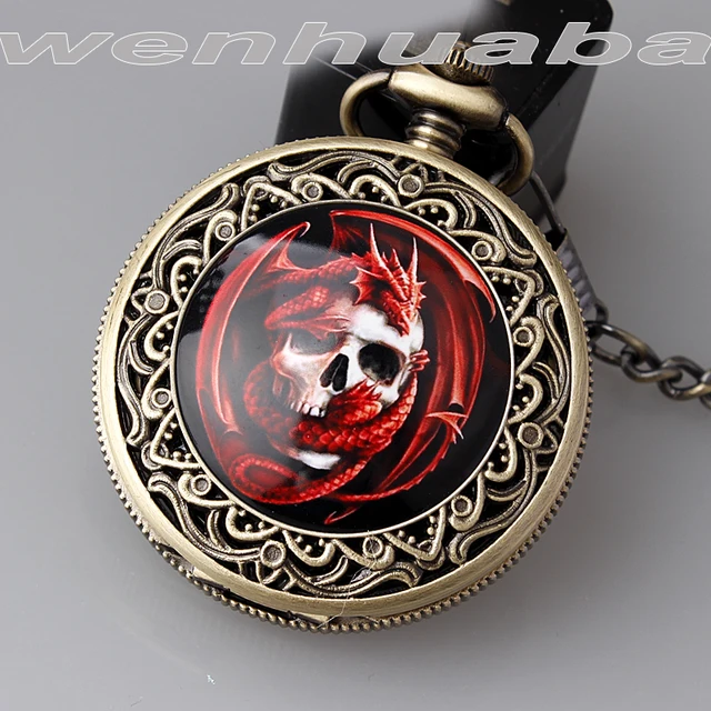 New Arrival Cool Bronze Red Dragon Skull Head Quartz Pocket Watch Pendant FOB Ch New Arrival Cool Bronze Red Dragon Skull Head Quartz Pocket Watch Pendant FOB Ch