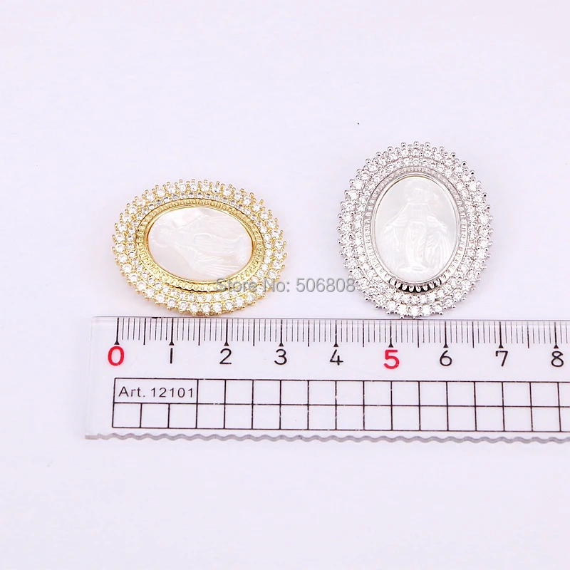 5PCS ZYZ185-8730 Micro Pave CZ Zirconia Mother Of Pearl Shell Carved Jesus Oval Pendant Bead 4