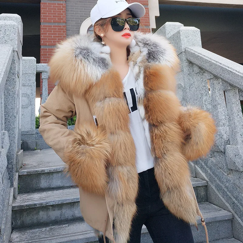 

Womens Winter Fashion Warm Fur Parkas 2018 Real Fox Fur Detachable Rabbit Fur Liner Jacket Hooded Oversized Coat Female
