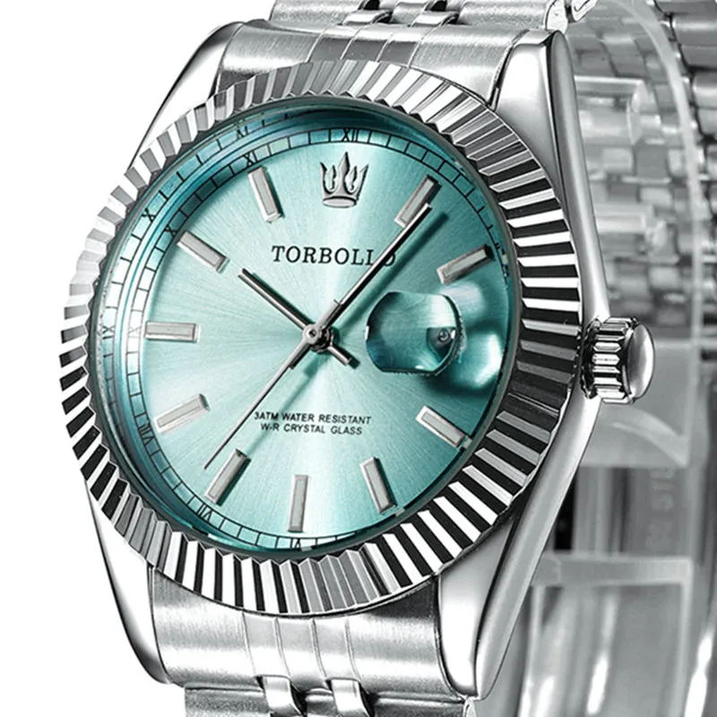 

2017 TORBOLLO Fashion Quartz Watch Men Blue Date Steel Band 3ATM Waterproof Mens Wrist Watch relogio masculino in Original box
