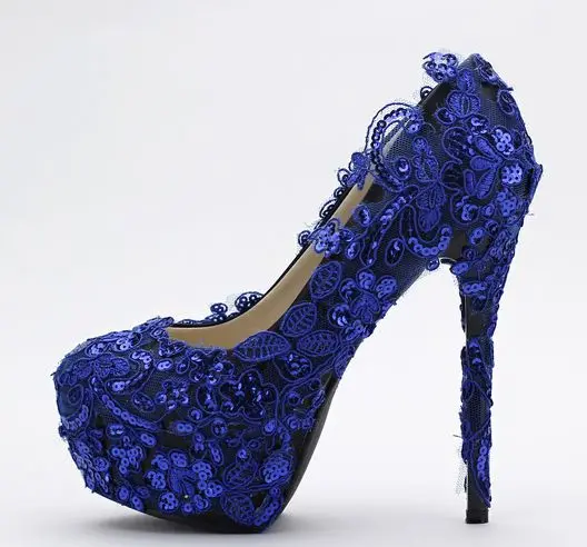 

14CM, 12CM super high thin heels platforms blue lace pumps shoes for woman round toes ladies sequines bling TG745 party shoe
