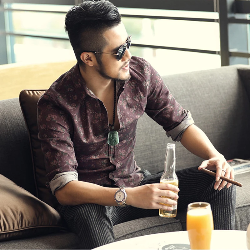 

New Retro Old Floral Print shirt men slim fit long sleeve Cotton slim fit flower shirt men luxury brand autumn S2126