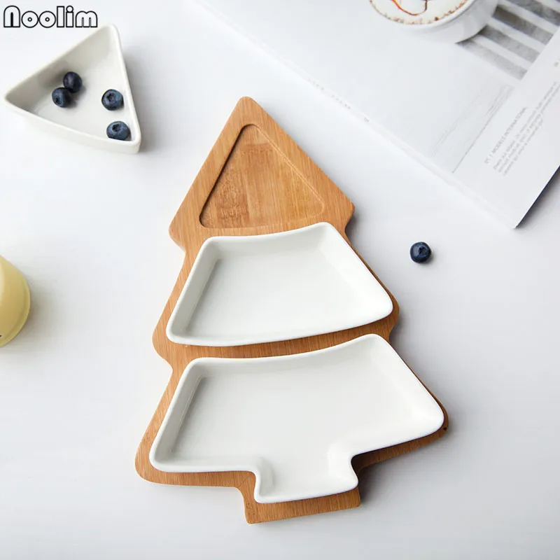 

NOOLIM 4Pcs/set Christmas Tree Dinnerware Salad Fruit Dessert Candy Ceramic Dishes Porcelain Plates Restaurant Tray Tableware