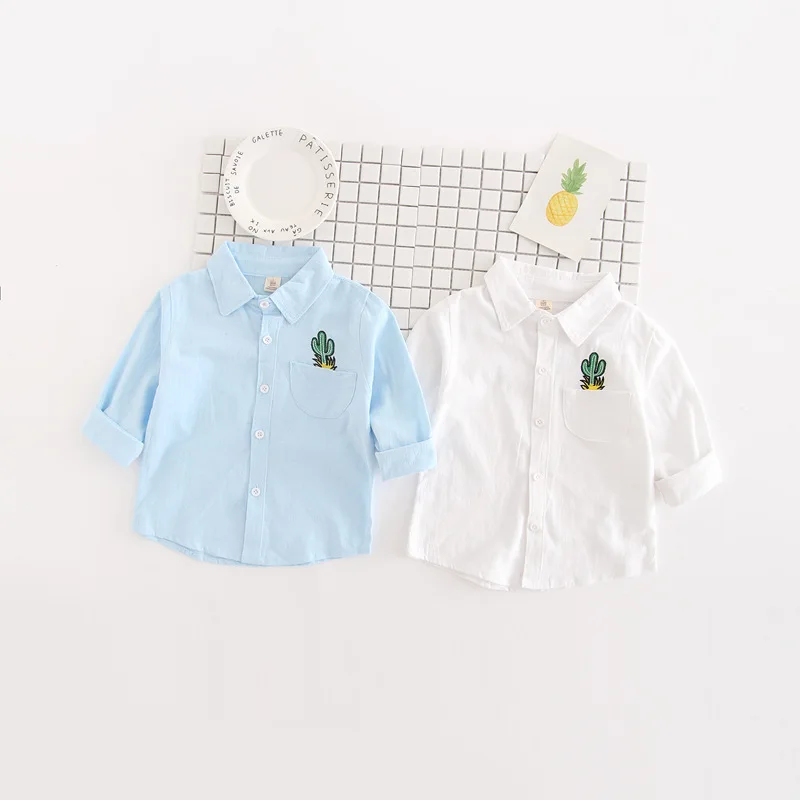 

Boys Girls Pocket Embroidered Shirt Male Baby Autumn Clothes Children Long Sleeved Top Blouse Girls White Shirts